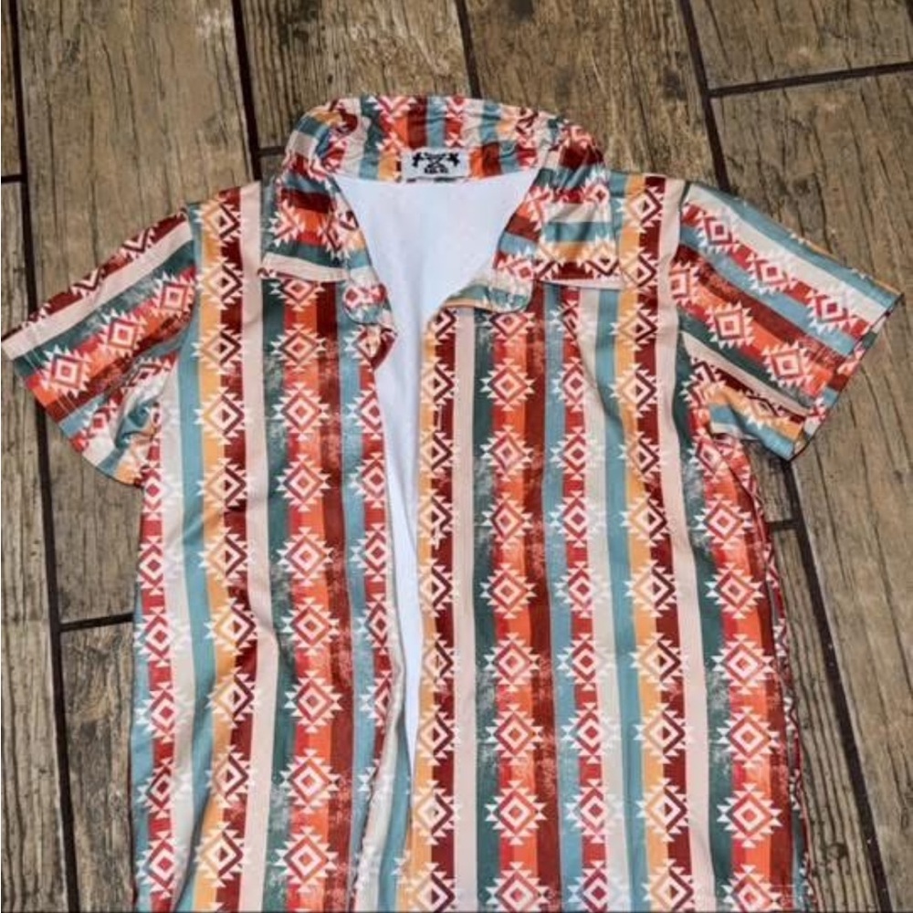 Southwestern Stripe Short Sleeve Button Shirt - Multicolor